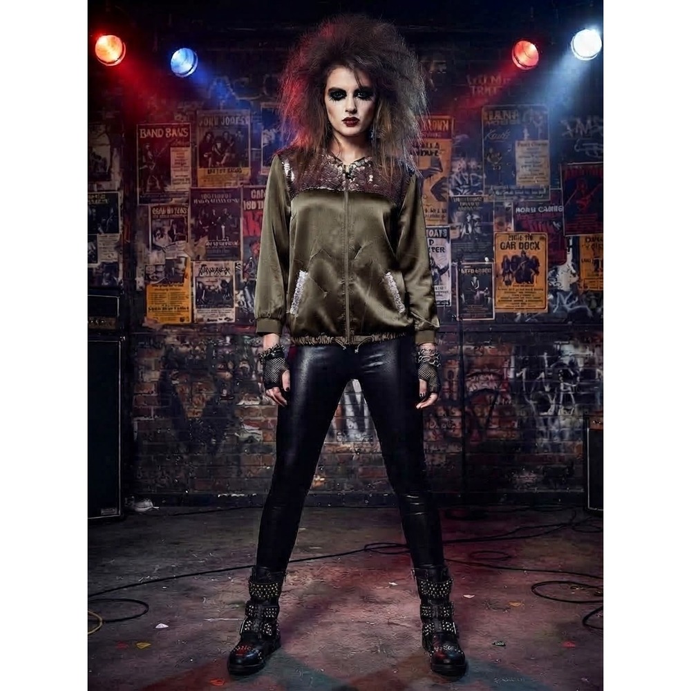 Democracy Womens Olive Green 80s Pop Glam Rocker Satin Sequin Jacket Full Zip M